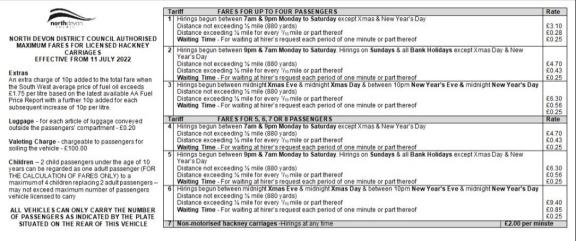 Example Hackney Taxi tariff card