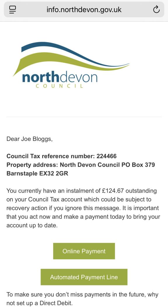 A screenshot of a page outlining how to pay an outstanding council tax instalment 