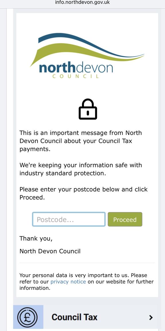 A screenshot of a verification page for those receiving council tax reminders