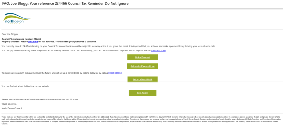 A screenshot of a reminder email from North Devon Council's council tax service