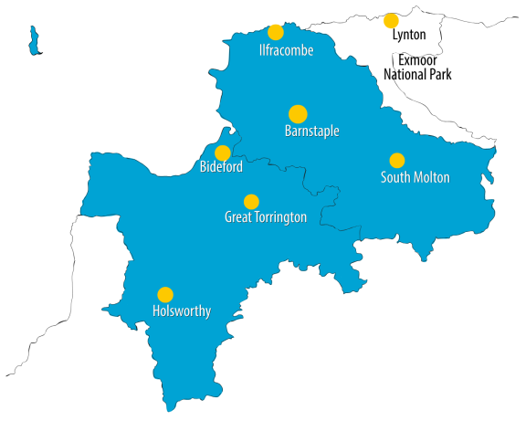 A map image of the local plan area of North Devon and Torridge