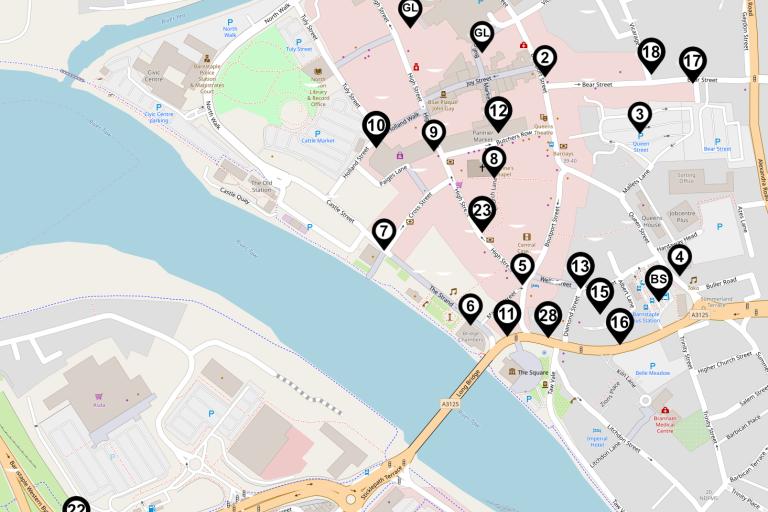 Barnstaple CCTV locations and cameras numbered on a map
