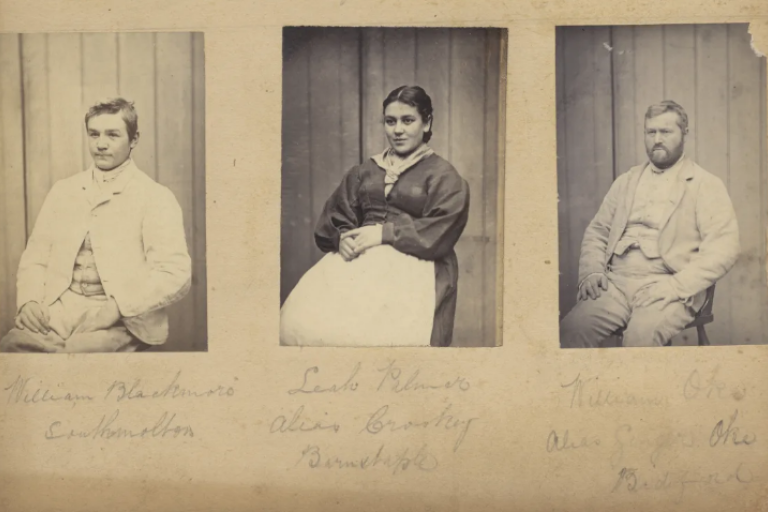 Three photographs in black and white of people from 19th century with handwritten notes beneath each