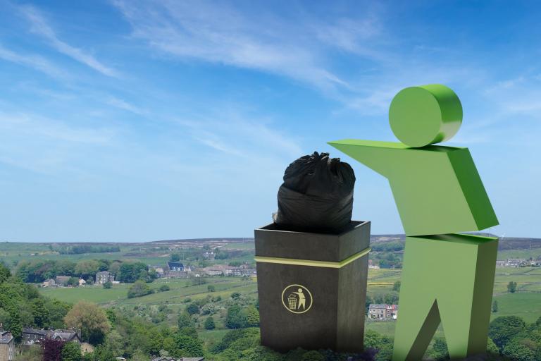 Great British Spring Clean photo of clean view with cartoon person putting rubbish in a bin