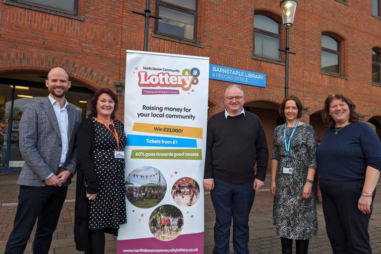 Phil Wright (Gatherwell), Marie Gould (North Devon Voluntary Services), Councillor Ian Roome (North Devon Council), Bev Triggs (North Devon Council) and Louise Flagg (North Devon Voluntary Services), at the launch event of the North Devon Community Lottery.