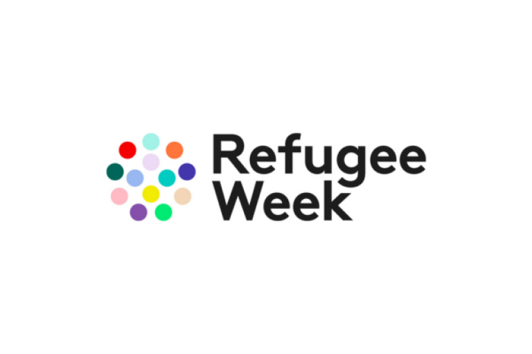 Words Refugee week alongside coloured dots