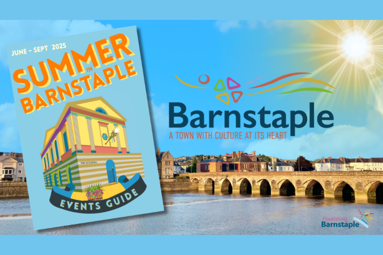 Photo of Barnstaple with graphic of brochure overlaid