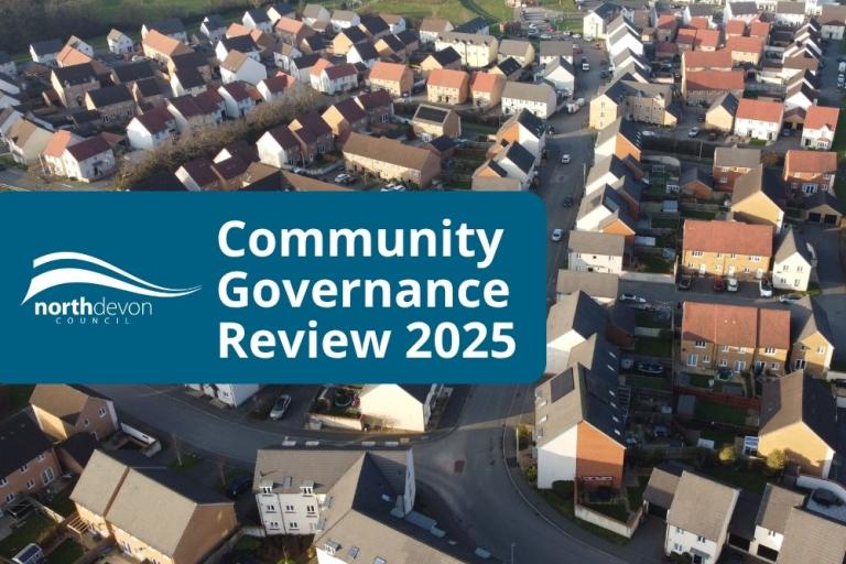 Aerial image of housing. A North Devon Council logo is overlaid with text reading Community Governance Review.