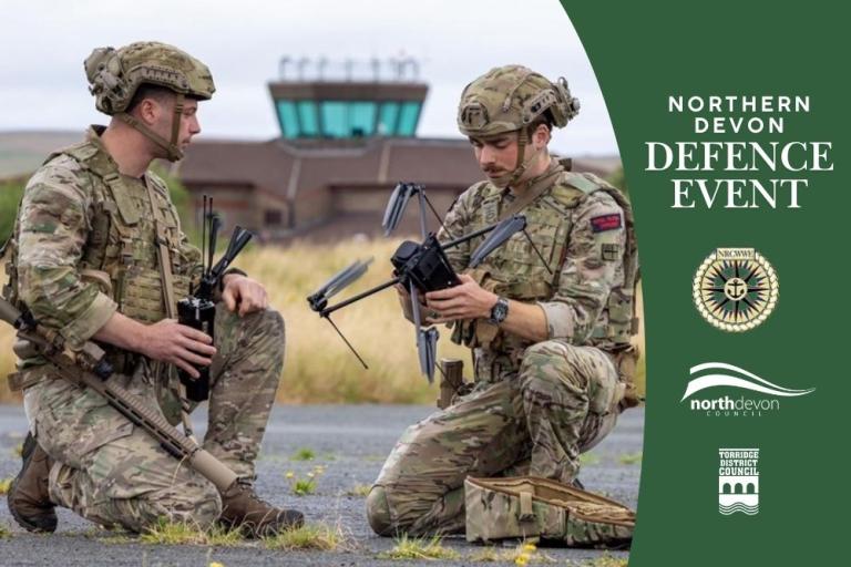 Northern Devon Defence Event graphic. Two soldiers deploying drone.