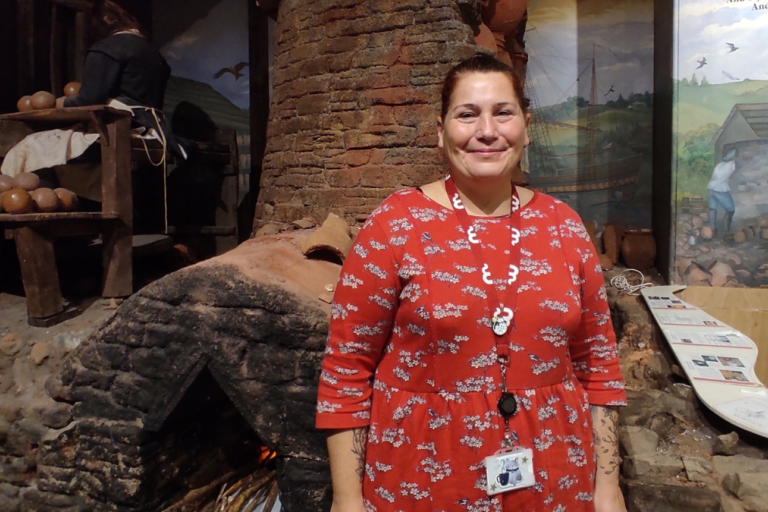 Project Archaeologist Sonia Guerrini with the reconstructed 17th century kiln from Potters Lane, Barnstaple