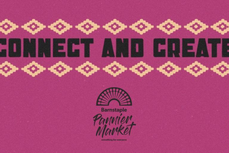 Connect and Create and Barnstaple Pannier Market logo on purple background
